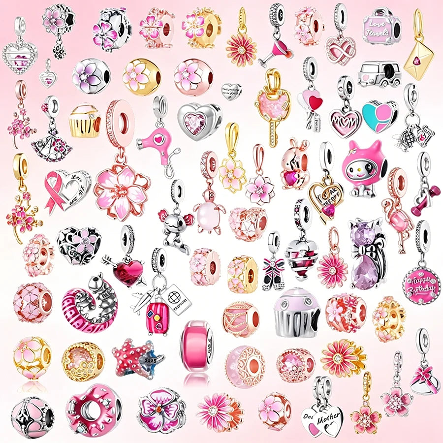 Una colección de cuentas de amor brillante y encanto animal en varios colores y formas.