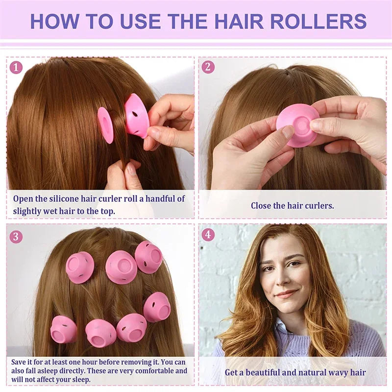 Instructions for using a set of pink silicone hair rollers to create natural wavy hair
