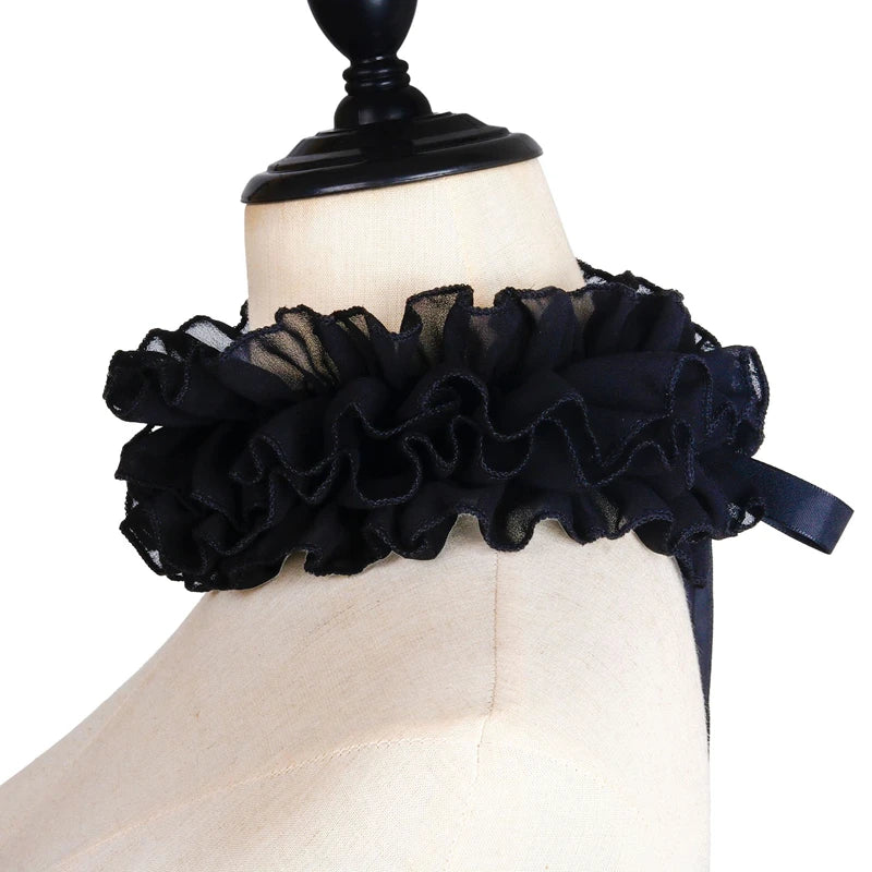 Black decorative pleated ruffle stand collar sweater displayed on a mannequin neck.