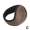 A pair of plush winter earmuffs in brown and black suede.