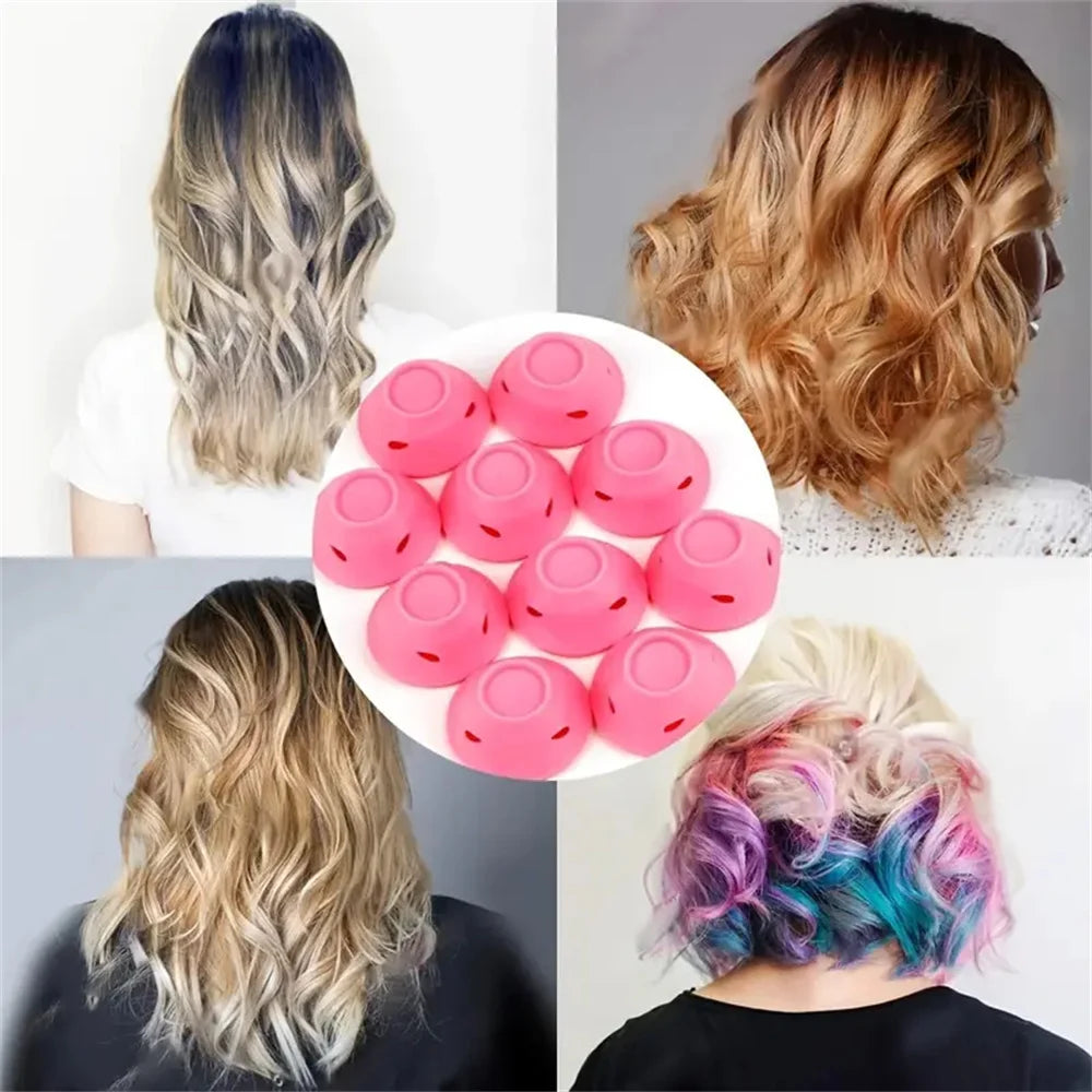 A set of pink heatless magic hair curlers shown in various shades and usage examples on hair.