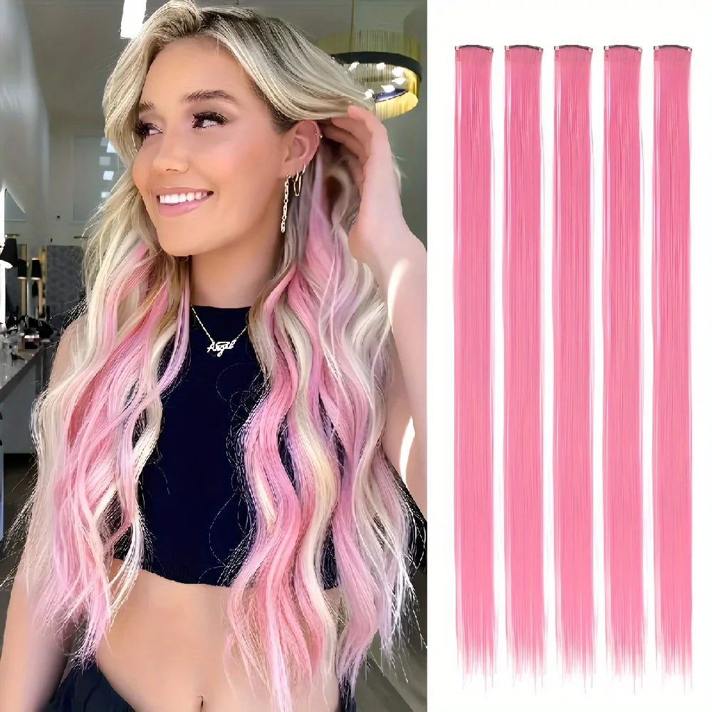 Five strands of long straight pink and white hair extensions displayed vertically