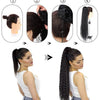 A set of water wave curly drawstring ponytail hair extensions shown in various styles and applications.