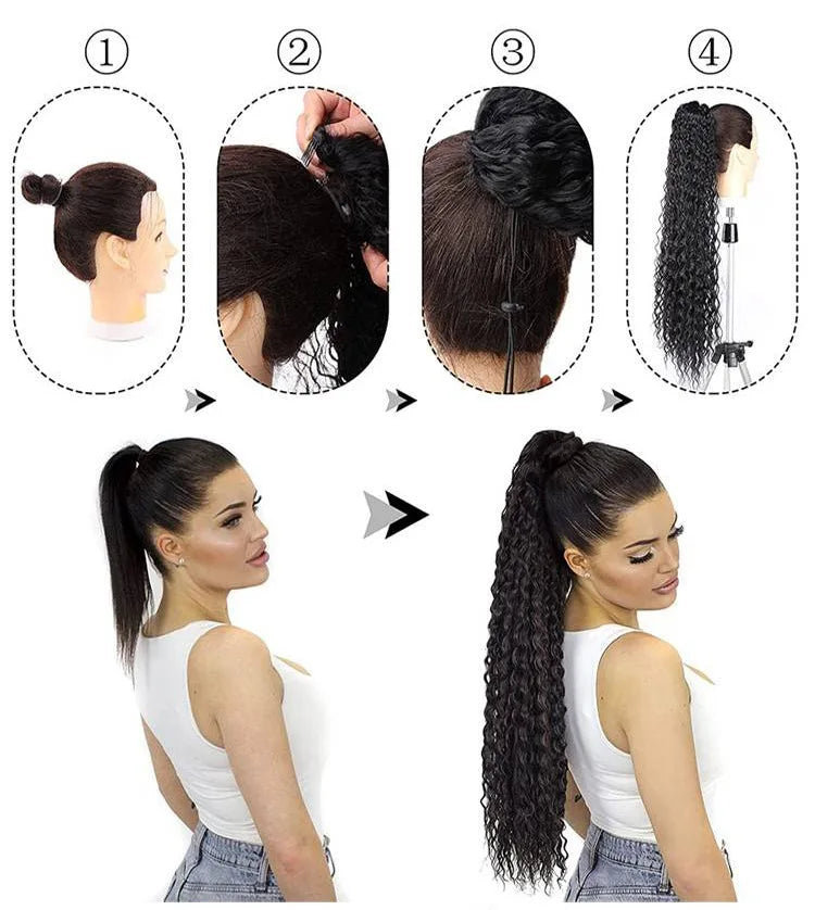 A set of water wave curly drawstring ponytail hair extensions shown in various styles and applications.