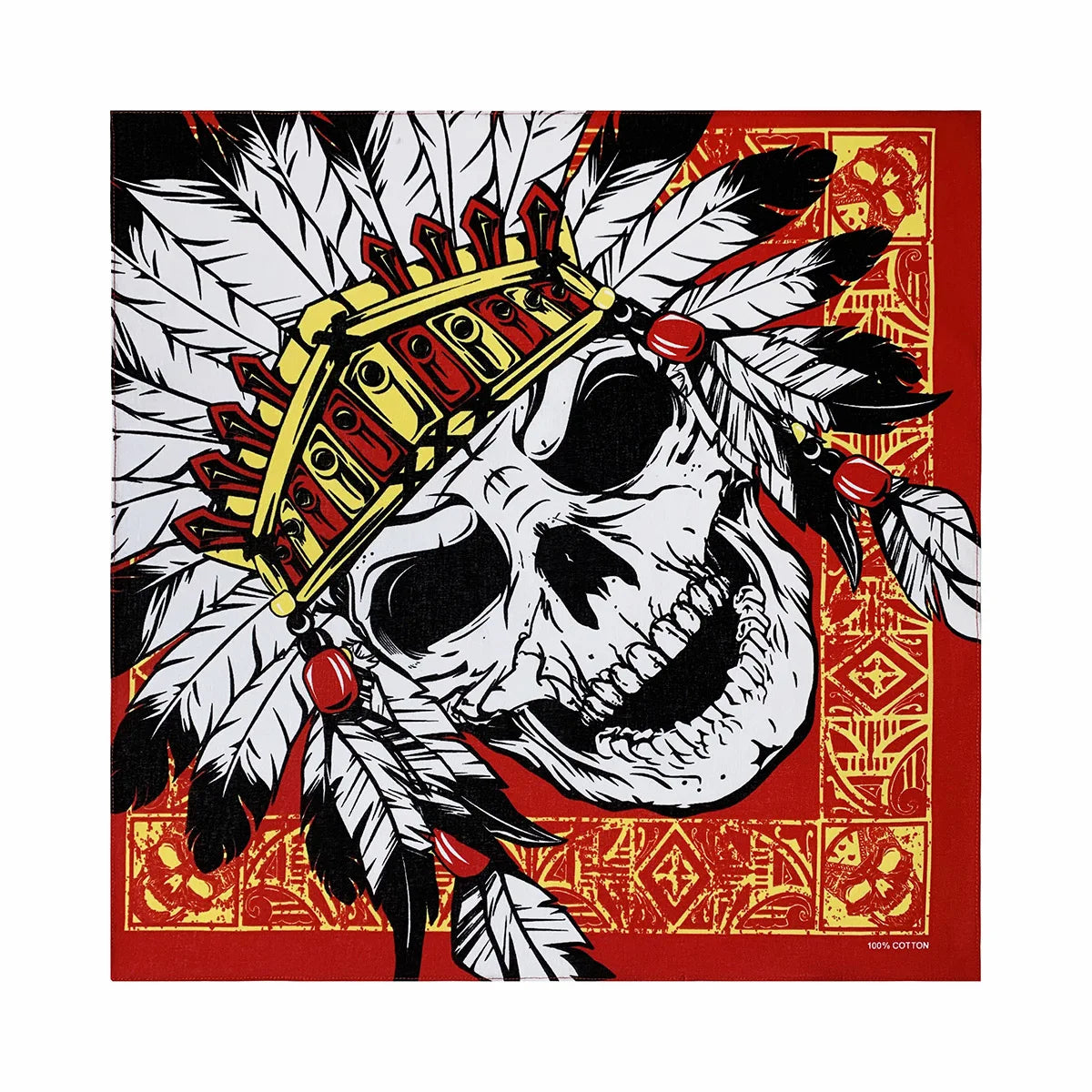 Gráfico de un cráneo con corona de plumas y banda dorada, sobre fondo rojo con geometría dorada
