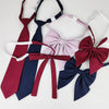 A set of classic butterfly ribbon ties in maroon, navy blue, and light pink are displayed against a white background.
