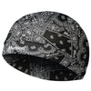Black moisture-wicking cycling beanie cap with an intricate white paisley pattern