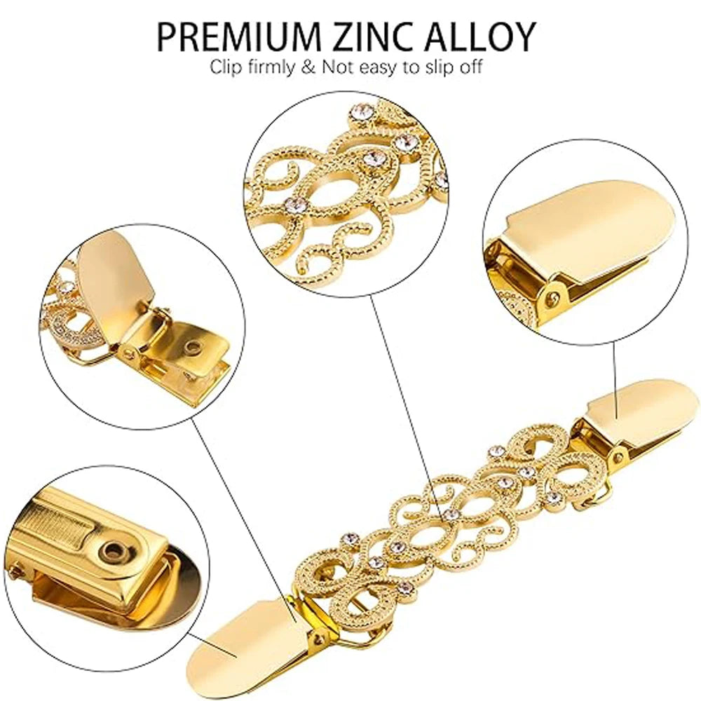 Gold zinc alloy vintage flower sweater clips shown in various angles