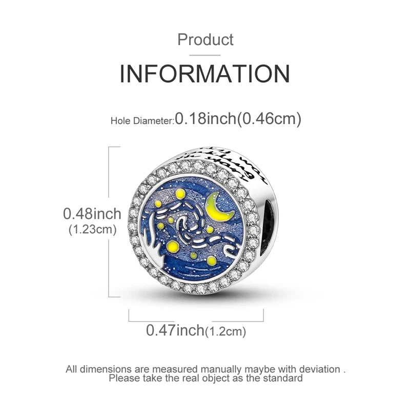 Sterling silver moon charm bracelet with a blue and gold design and a 0.18 inch hole diameter.