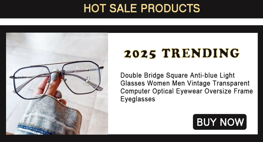 A hand holds a pair of clear, double-bridge square anti-blue light glasses with a vintage frame.