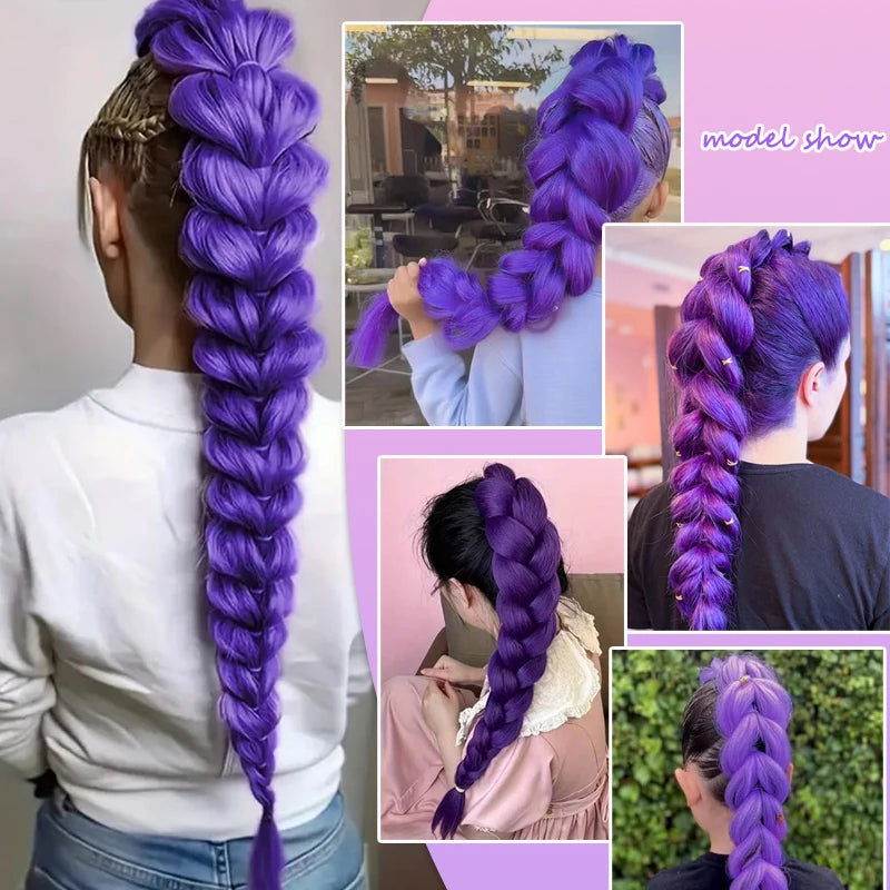 A collection of vibrant purple braided hair extensions shown in various styles and lengths.