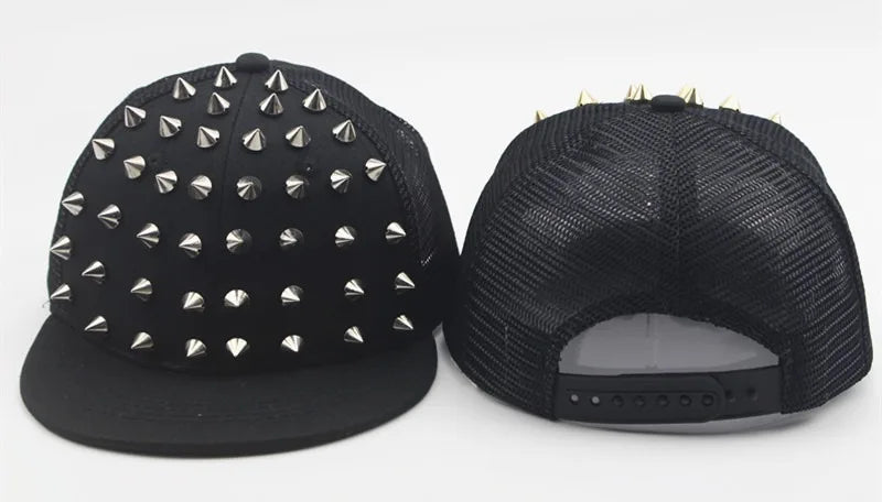 Black flat hat baseball cap covered in silver rivets