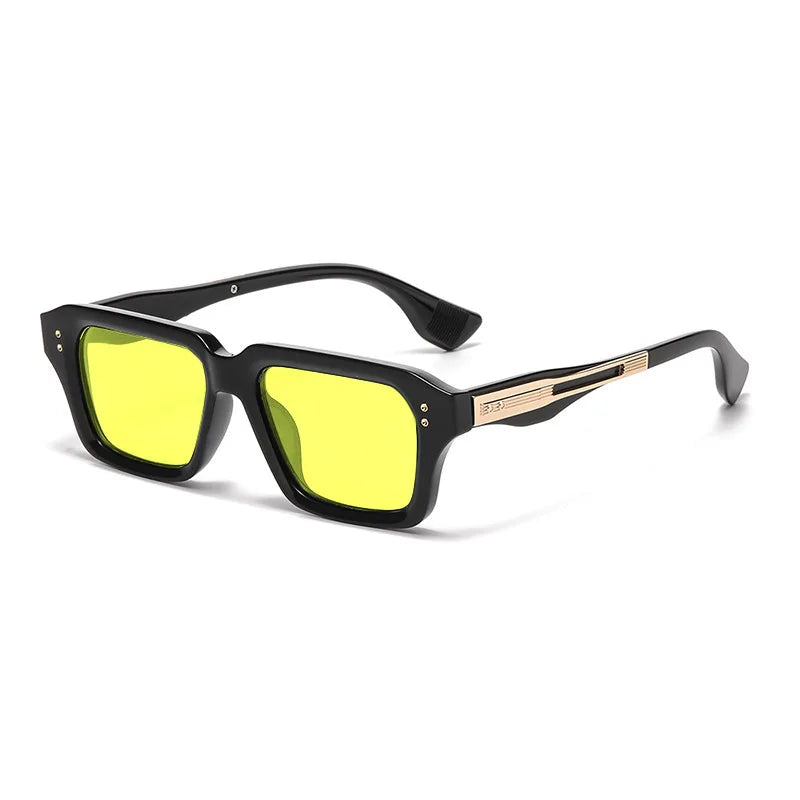 Retro quadratische Metall-Sonnenbrille mit gelben Linsen und schwarzen Rahmen