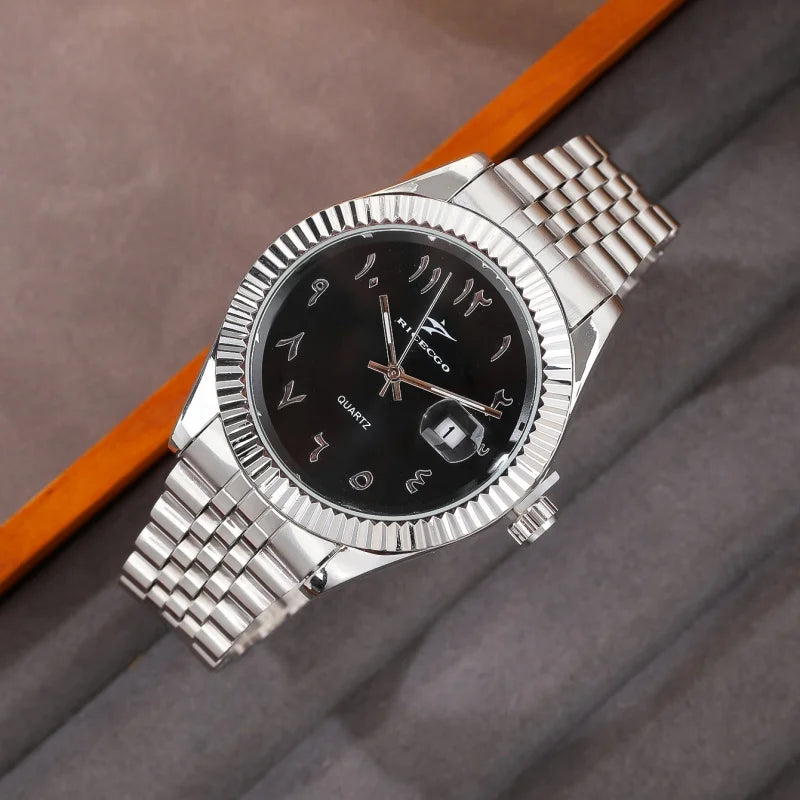 A silver-toned men's wristwatch with a black dial and a metal bracelet is shown on a gray background.