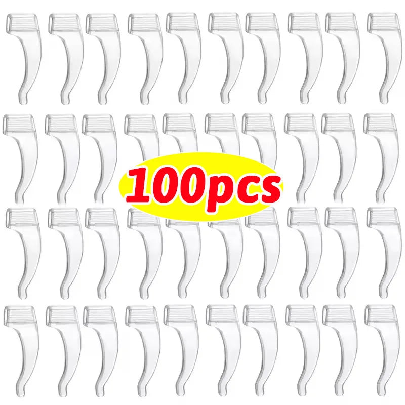 A set of clear silicone anti-slip ear hooks for eyeglasses, packaged in a yellow oval.