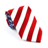 A red, white, and blue striped silk necktie featuring stars on the blue section.