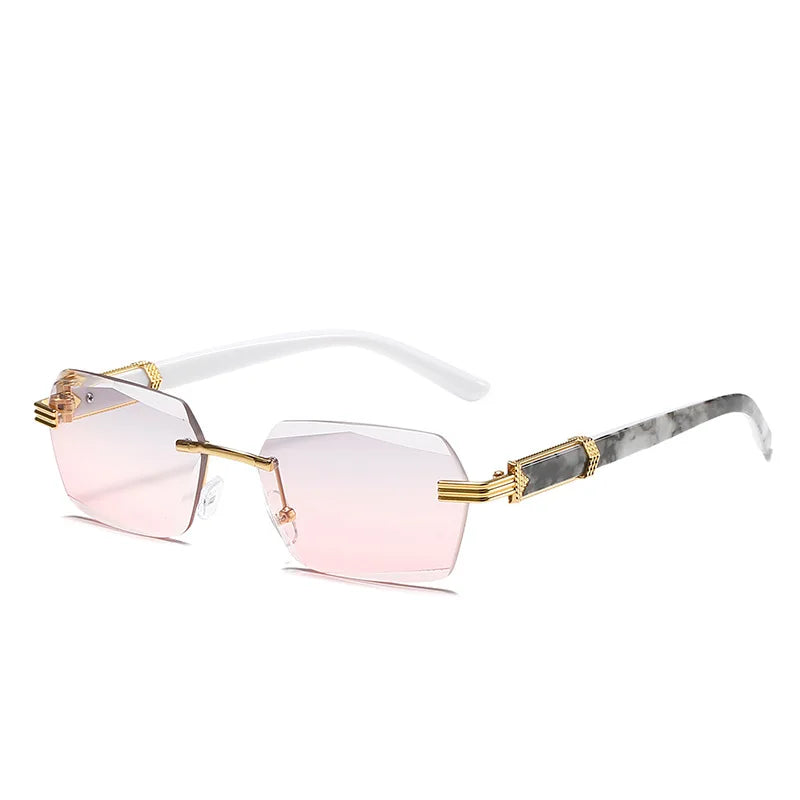 Frameless gradient sunglasses with a white frame and gold and marbled acetate arms