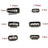 A set of precision hair extension clips in T-shape and U-shape designs with various sizes.