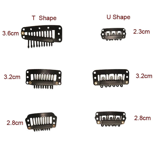 Un set de clips de extensión de cabello de precisión en diseños en T y U con varios tamaños.