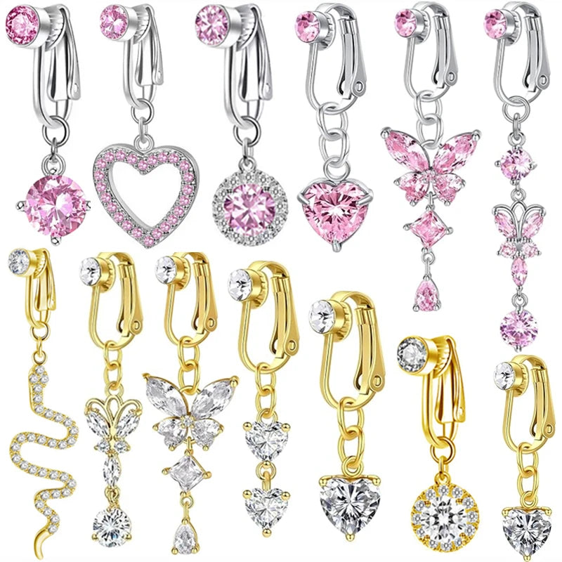 A collection of fashion belly button rings featuring various designs including hearts, butterflies, and diamond shapes in pin