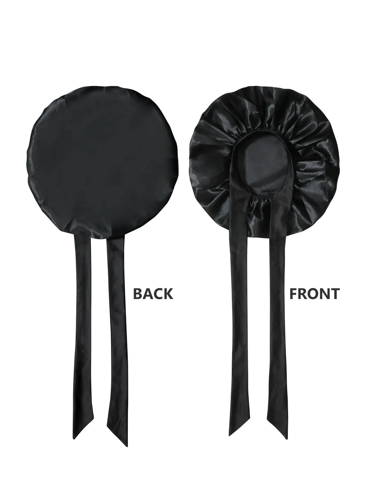 A pair of black satin wide-brimmed hair wrap headscarfs shown from the back and front.