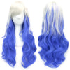A pair of long, wavy blue and white ombre synthetic hair wigs displayed on a mannequin.