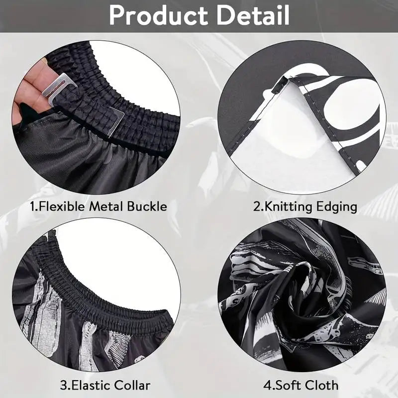 Detail shots of a professional hair cutting and styling apron showing a flexible metal buckle, knitting edging, elastic colla