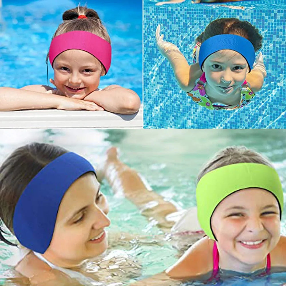 Three children wearing colorful adjustable swimming headbands in a pool setting.