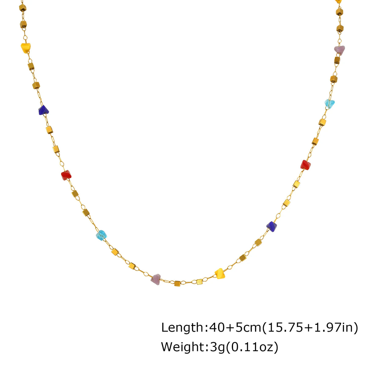 A long, delicate necklace featuring irregular colored stones and gold-toned beads.