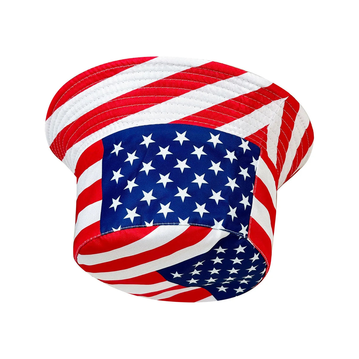 Reversibler patriotischer Bucket Hat mit roten, weißen und blauen Streifen und Sternen.