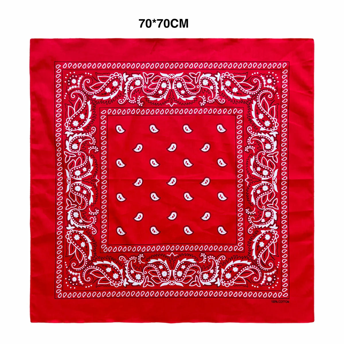 Red square scarf with white paisley embroidery and border on a red background