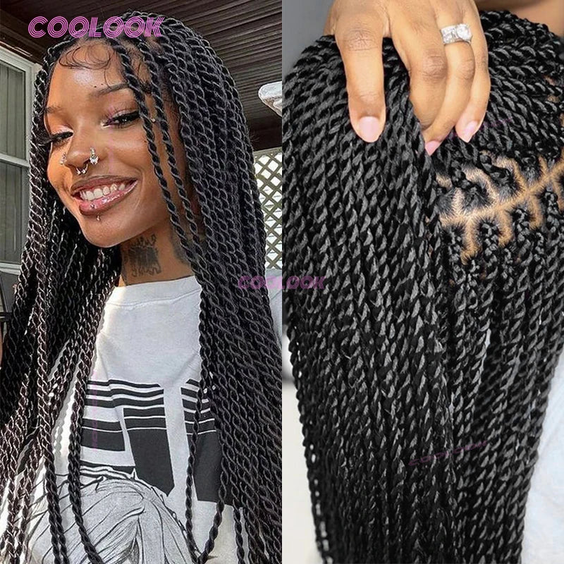 Close-up of a woman modeling a 36 inch cornrow braids full lace wig