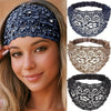 A woman models a dark blue crystal pearl floral beaded headband with lace details.