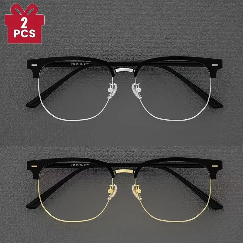 A pair of retro half gold frame anti blue light eyewear shown in a black frame and a gold frame.