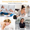 Black seamless hair ties shown in use for yoga, working, exercising, and washing face.