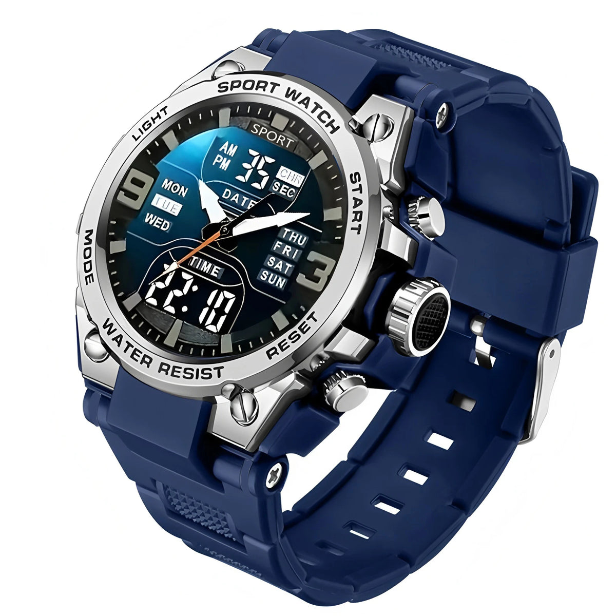 A blue digital sports watch with a silver bezel displaying time, date, and mode options.