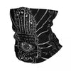 A black bandana featuring intricate, stylized hand and eye designs in white ink.