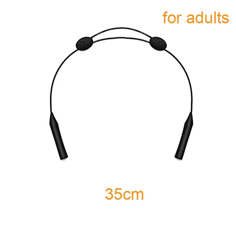 Black adjustable silicone eyewear strap for adults, measuring 35cm.