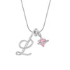 Silver letter pendant necklace featuring an intertwined L and a pink heart charm