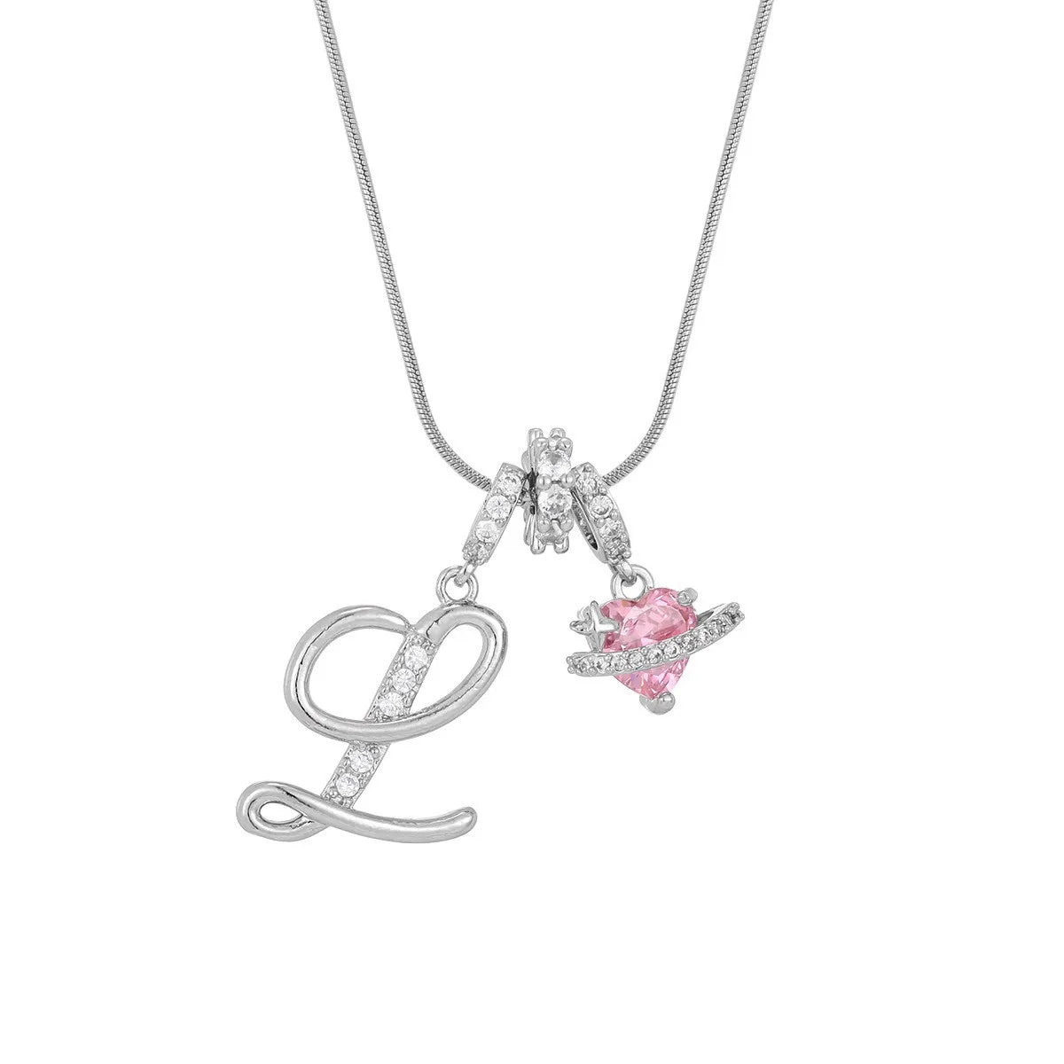 Silver letter pendant necklace featuring an intertwined L and a pink heart charm