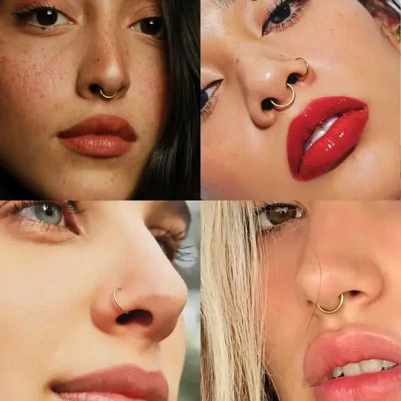 Nahaufnahmen von Models, die chirurgische Nasenringe für alle Piercings tragen.