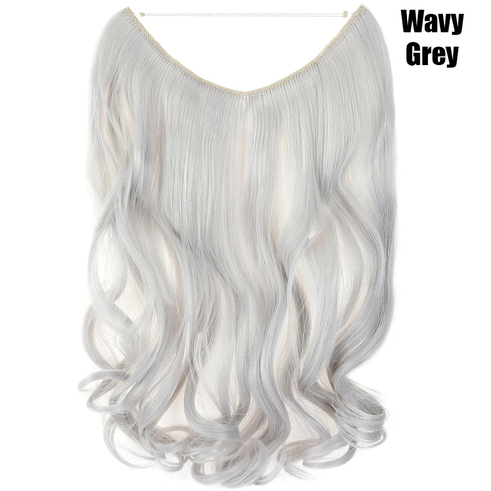 A bundle of wavy grey hair extensions displayed against a white background.