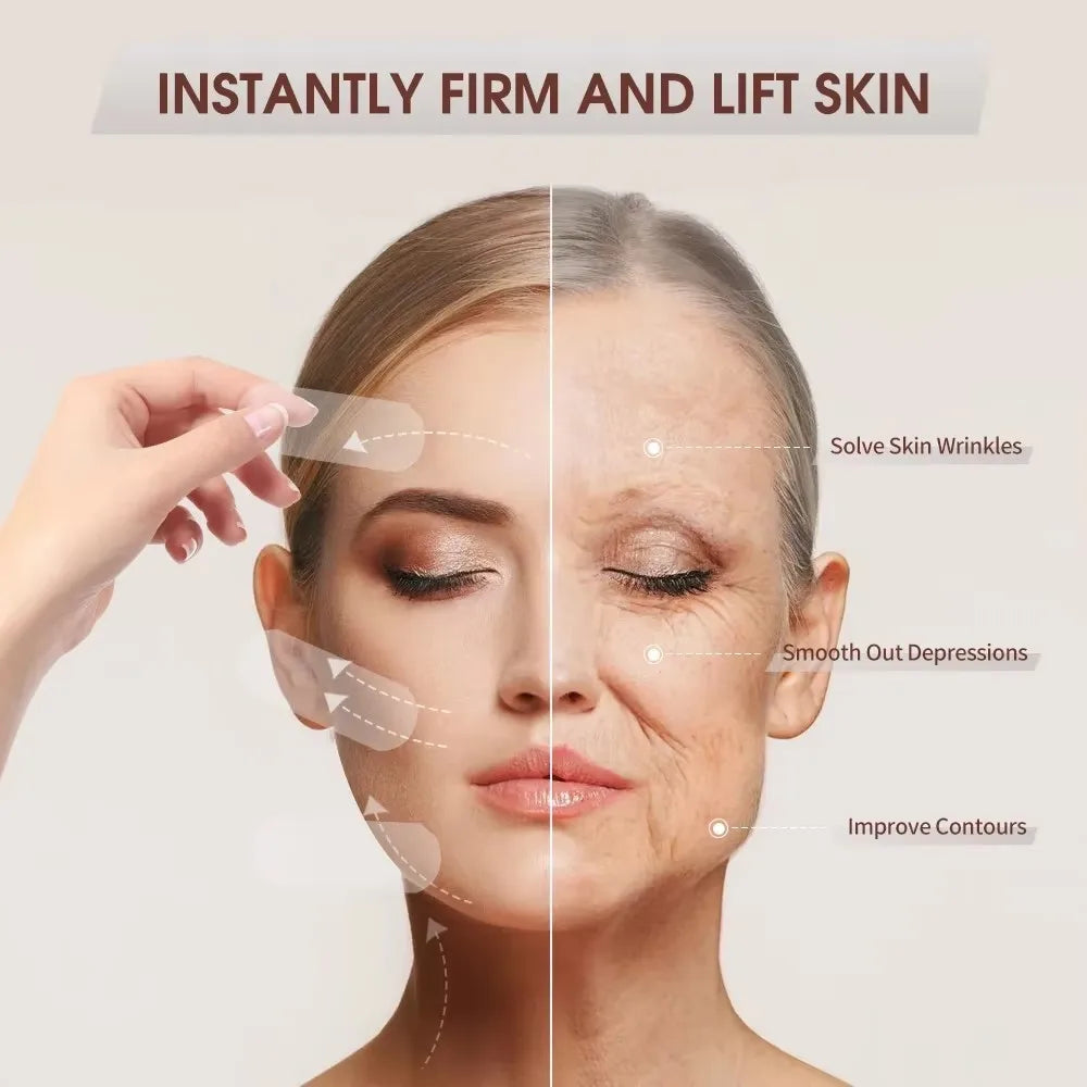 A woman applies invisible V-shape face lifting adhesive patches to her face to instantly firm and lift skin.