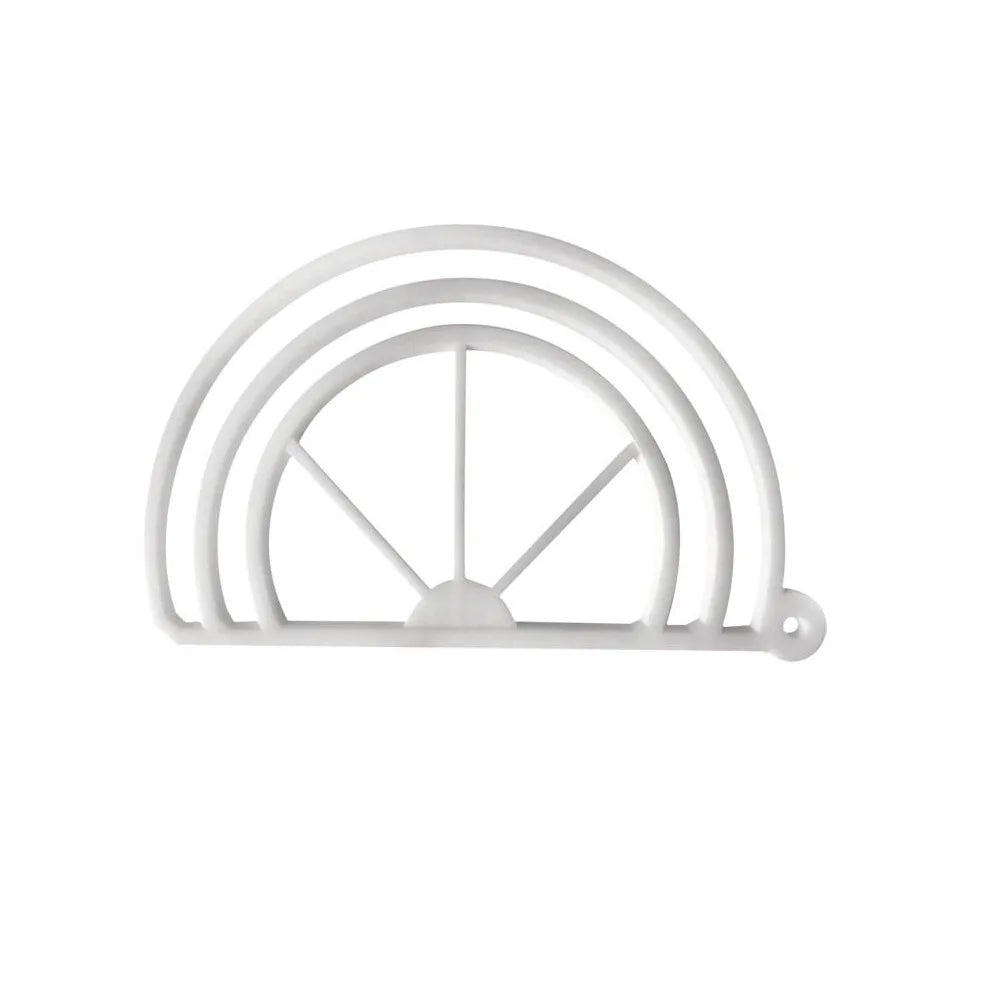 White reusable hat brim bender with a curved frame and a central pivot point.