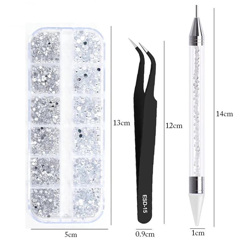 A set of 4 rhinestone nail art decorations packaged in a clear plastic case and presented in an ESD-15 tube.