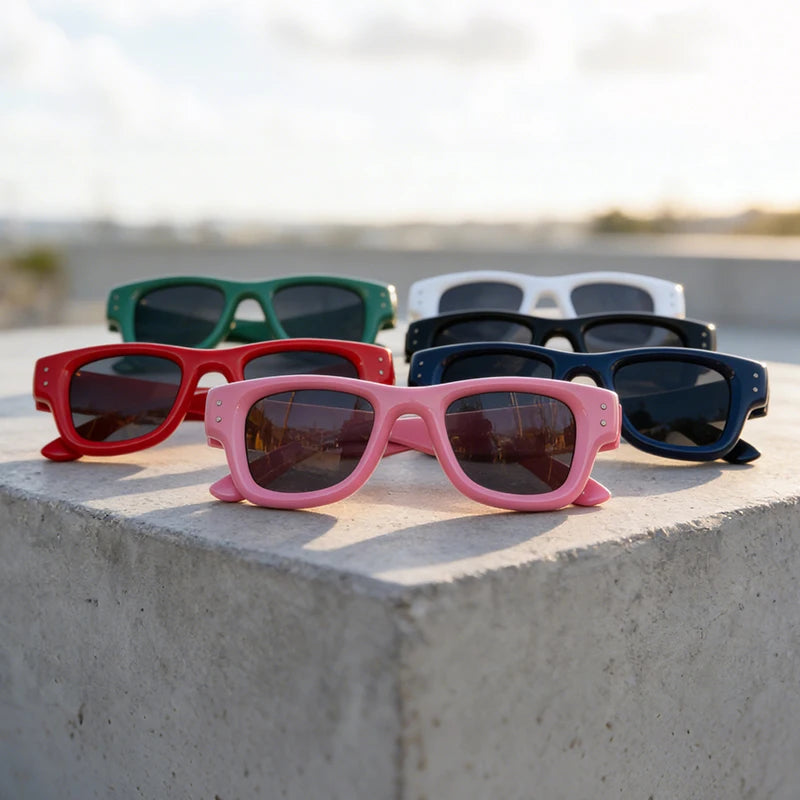 A collection of colorful square sunglasses, including red, pink, green, and black frames, resting on a light gray surface.