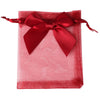 A square red organza drawstring gift bag tied with a satin red bow.