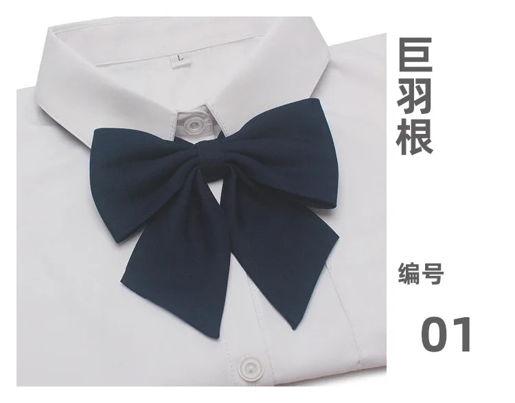A white dress shirt with a navy blue butterfly ribbon tie neatly tied at the collar.