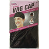 A package of Deluxe Wig Cap featuring a model wearing a black wig cap and showing two fingers.