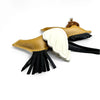 A gold leather winged pony keychain with a white feather detail and black tassel.